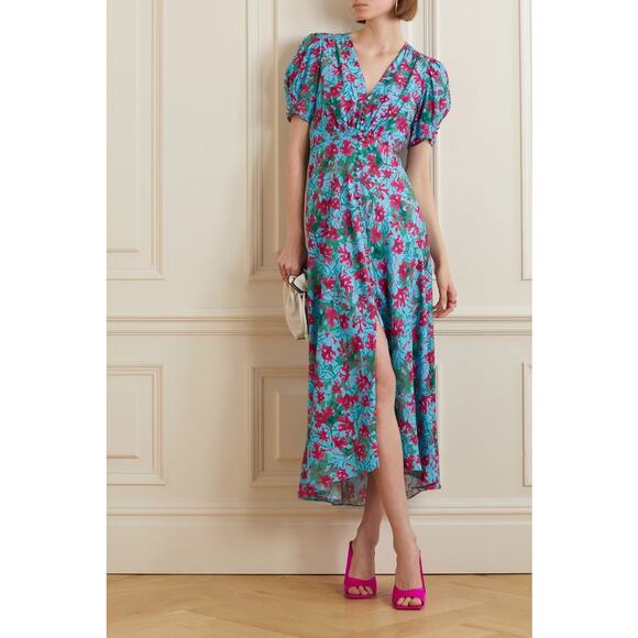 Saloni 100% Silk Blue Pink Lea Floral Print Altrd Maxi Dress Size US 14 UK 18 - Picture 1 of 11